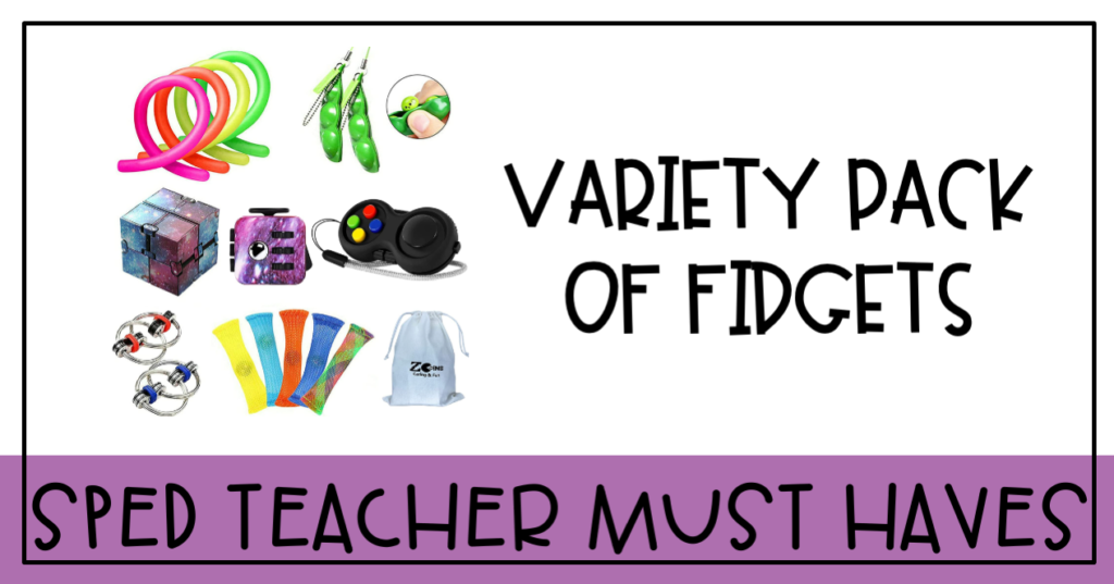photo of sped teacher must haves which includes a variety pack of fidgets