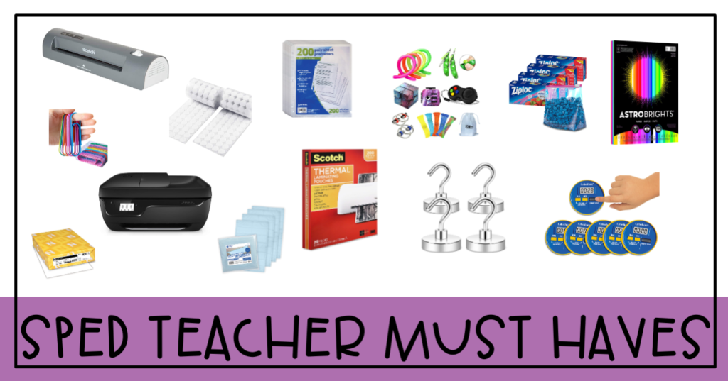object containing collage of classroom supplies needed in sped classrooms
