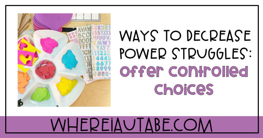 image containing a tray with a variety of stickers and art supplies to choose from in order to decrease power struggles