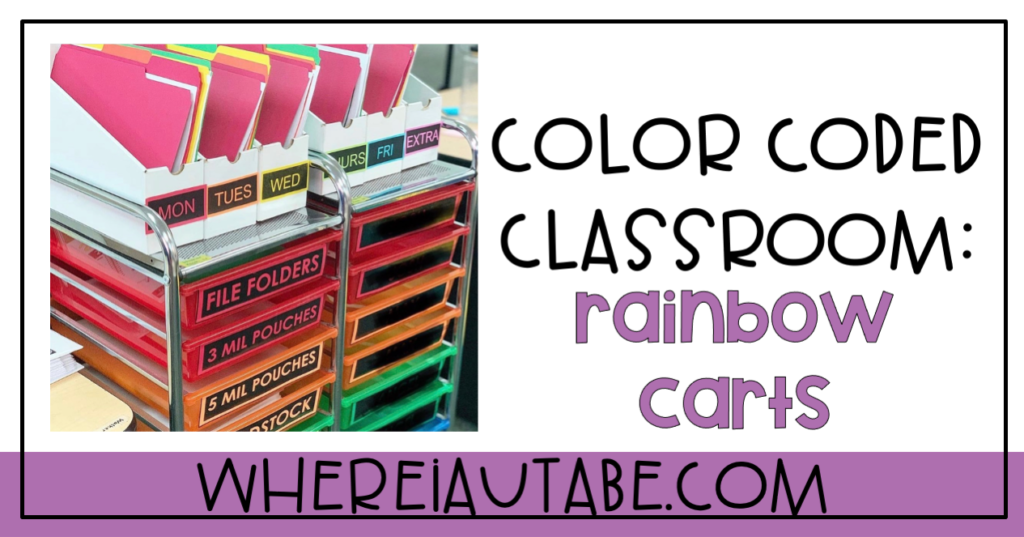 image featuring rainbow carts for a color coded classroom
