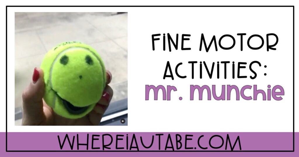 image featuring fine motor activity Mr. Munchie which is a squeezable tennis ball with a face